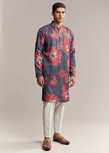 Blue Silk Kurta Set For Men With Floral Print