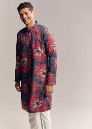 Blue Silk Kurta Set For Men With Floral Print
