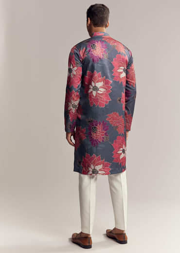 Blue Silk Kurta Set For Men With Floral Print