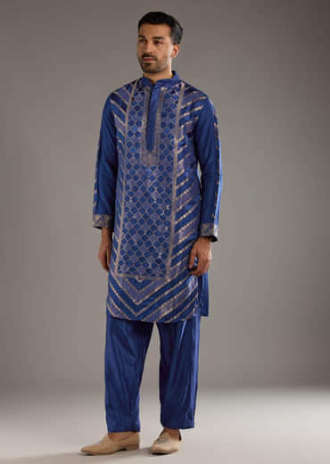Blue Silk Kurta Set For Men With Handwoven Jacquard Work