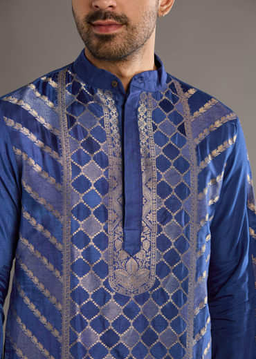 Blue Silk Kurta Set For Men With Handwoven Jacquard Work