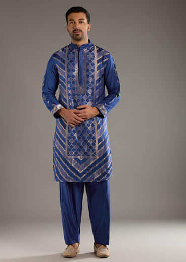 Blue Silk Kurta Set For Men With Handwoven Jacquard Work