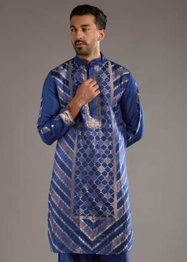 Blue Silk Kurta Set For Men With Handwoven Jacquard Work