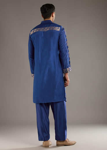 Blue Silk Kurta Set For Men With Handwoven Jacquard Work