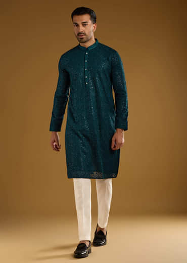 Blue Silk Kurta Set For Men With Heavy Hand Embroidery