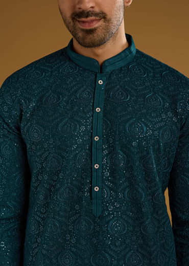 Blue Silk Kurta Set For Men With Heavy Hand Embroidery