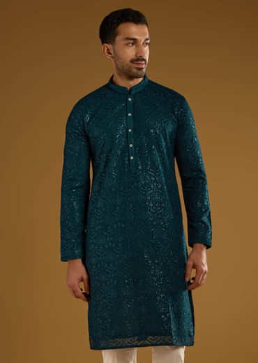 Blue Silk Kurta Set For Men With Heavy Hand Embroidery