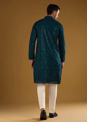 Blue Silk Kurta Set For Men With Heavy Hand Embroidery