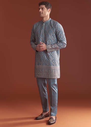 Blue Silk Kurta Set For Men With Intricate Resham Embroidery