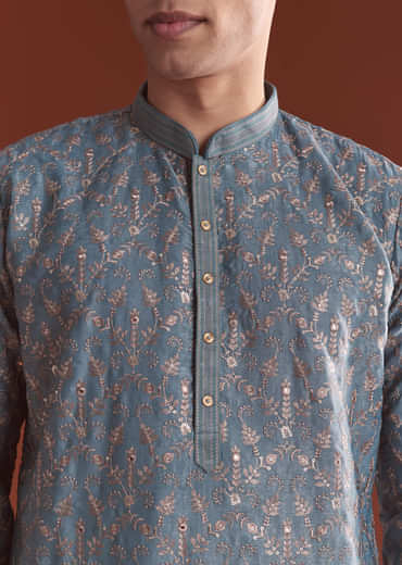 Blue Silk Kurta Set For Men With Intricate Resham Embroidery