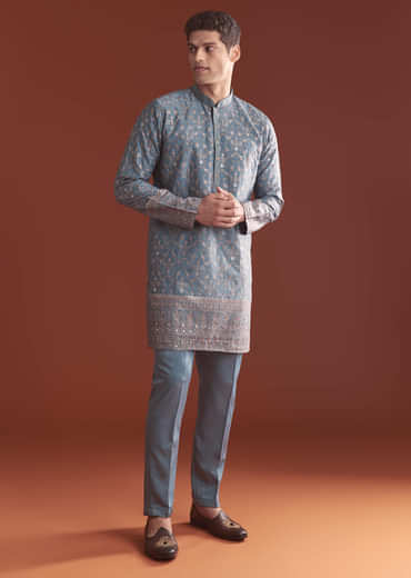 Blue Silk Kurta Set For Men With Intricate Resham Embroidery