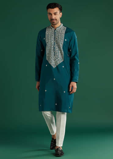 Blue Silk Kurta Set For Men With Mirror And Thread Work