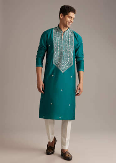 Blue Silk Kurta Set For Men With Mirror And Thread Work