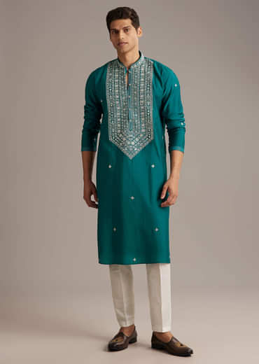 Blue Silk Kurta Set For Men With Mirror And Thread Work