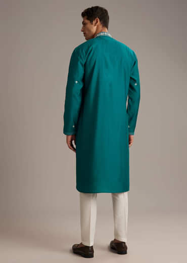 Blue Silk Kurta Set For Men With Mirror And Thread Work