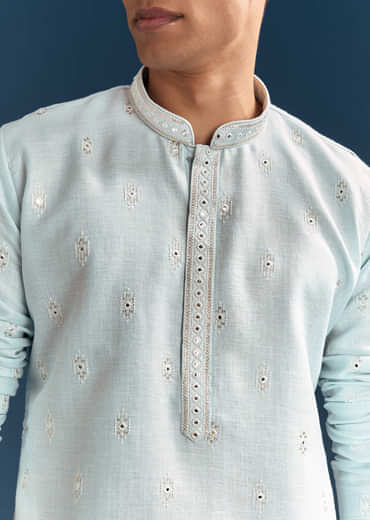 Pastel Blue Silk Kurta Set For Men With Mirror Work
