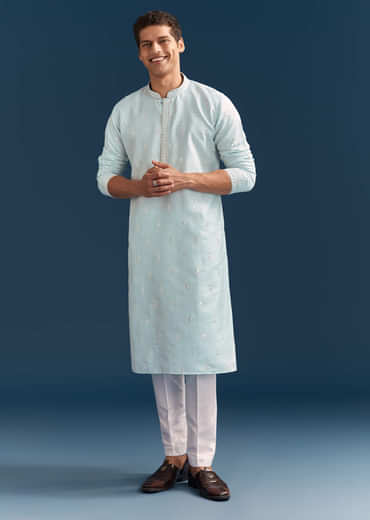 Pastel Blue Silk Kurta Set For Men With Mirror Work