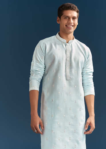 Pastel Blue Silk Kurta Set For Men With Mirror Work