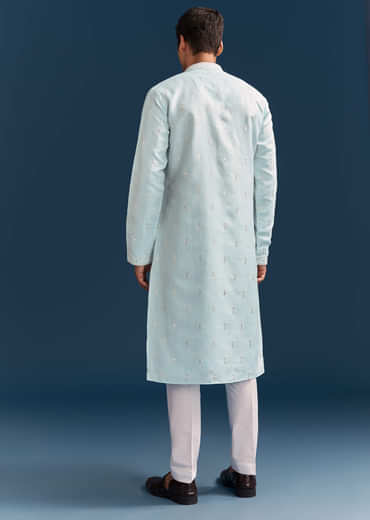 Pastel Blue Silk Kurta Set For Men With Mirror Work