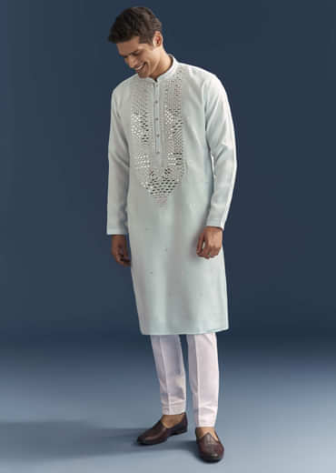 Blue Silk Kurta Set For Men With Mirror Embroidery