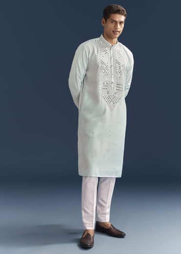 Blue Silk Kurta Set For Men With Mirror Embroidery