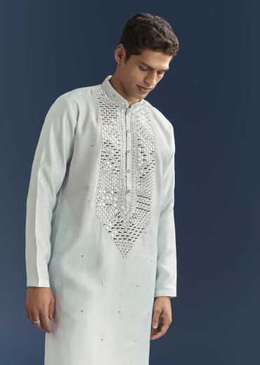 Blue Silk Kurta Set For Men With Mirror Embroidery