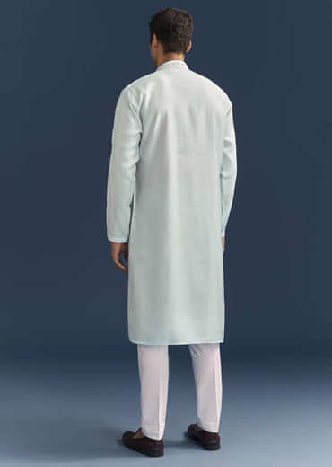 Blue Silk Kurta Set For Men With Mirror Embroidery