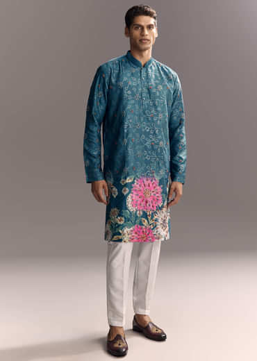 Blue Silk Kurta Set For Men With Resham Embroidery