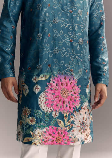 Blue Silk Kurta Set For Men With Resham Embroidery