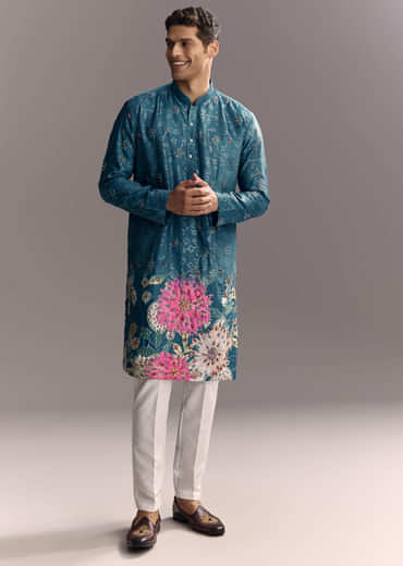 Blue Silk Kurta Set For Men With Resham Embroidery