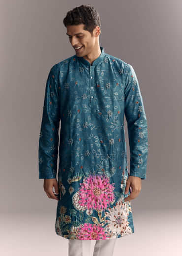 Blue Silk Kurta Set For Men With Resham Embroidery