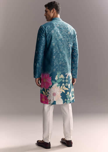 Blue Silk Kurta Set For Men With Resham Embroidery