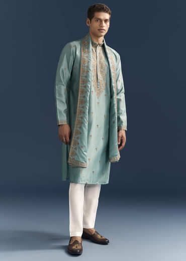 Blue Silk Kurta Set For Men With Thread Embroidery