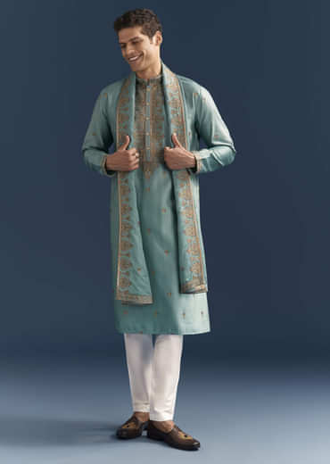 Blue Silk Kurta Set For Men With Thread Embroidery