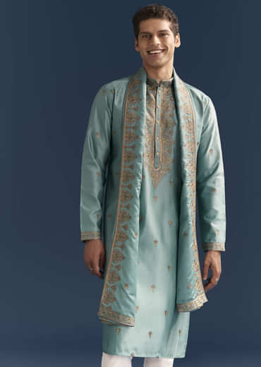 Blue Silk Kurta Set For Men With Thread Embroidery