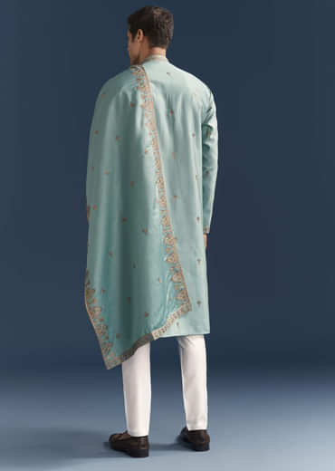 Blue Silk Kurta Set For Men With Thread Embroidery