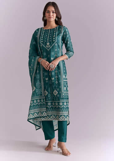 Blue Silk Kurta Set With Indie Print