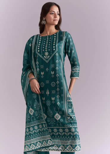 Blue Silk Kurta Set With Indie Print