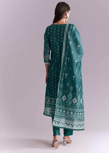 Blue Silk Kurta Set With Indie Print