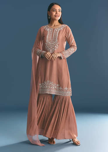 Peach Silk Kurta Sharara Suit With Cutdana Sequins Work
