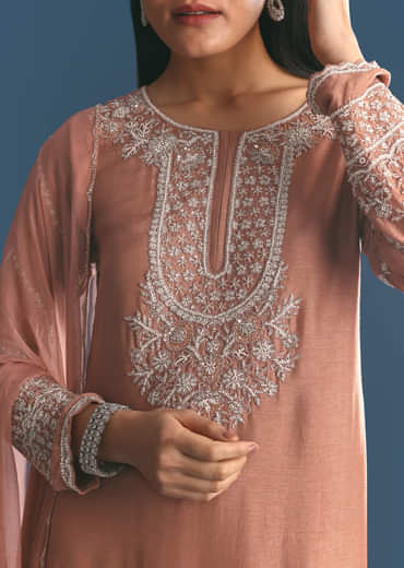 Peach Silk Kurta Sharara Suit With Cutdana Sequins Work