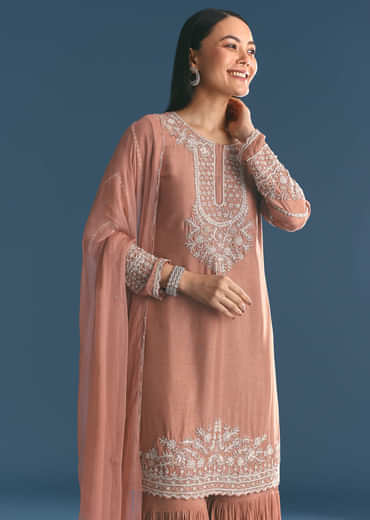 Peach Silk Kurta Sharara Suit With Cutdana Sequins Work