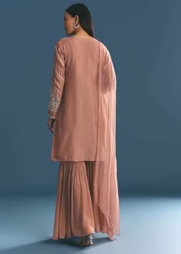 Peach Silk Kurta Sharara Suit With Cutdana Sequins Work