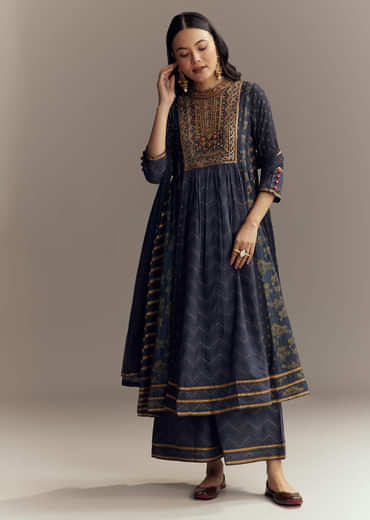 Blue Silk Printed Anarkali Suit With Sequins Work