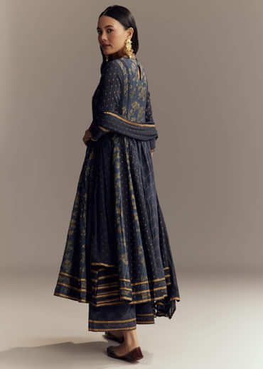Blue Silk Printed Anarkali Suit With Sequins Work