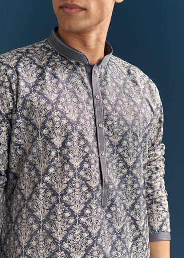Blue Silk Printed Kurta Set For Men With Thread Embroidery