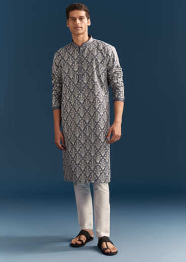 Blue Silk Printed Kurta Set For Men With Thread Embroidery