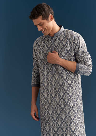Blue Silk Printed Kurta Set For Men With Thread Embroidery