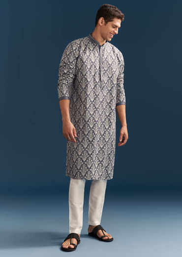 Blue Silk Printed Kurta Set For Men With Thread Embroidery