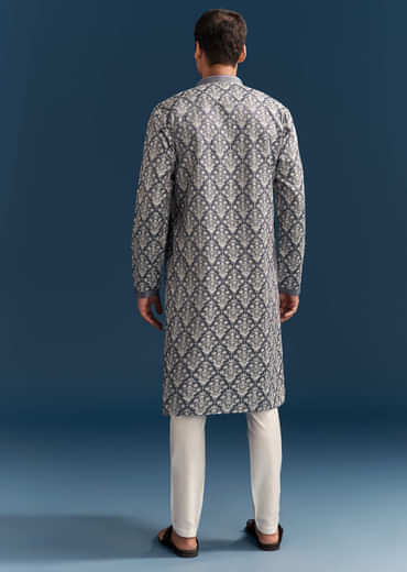 Blue Silk Printed Kurta Set For Men With Thread Embroidery